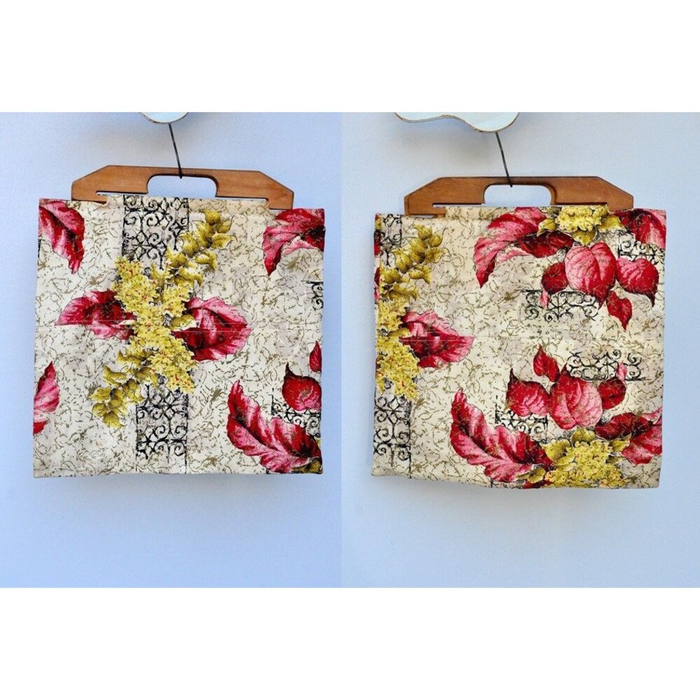 Vintage 40s Bag - Wood Handle Bag Purse - 40s Fabric Floral Bag - Large XL